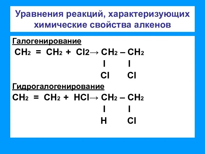 Уравнения реакций, характеризующих химические свойства алкенов Галогенирование СН2 = СН2 + CI2→