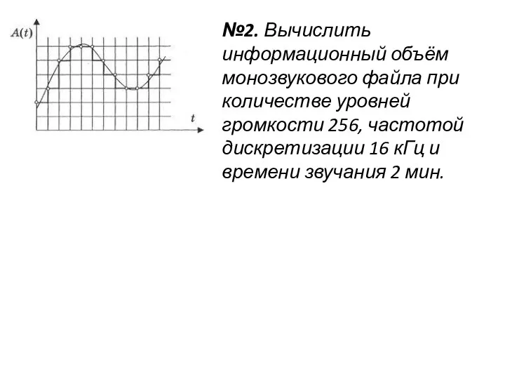 №2. Вычислить информационный объём монозвукового файла при количестве уровней громкости 256, частотой