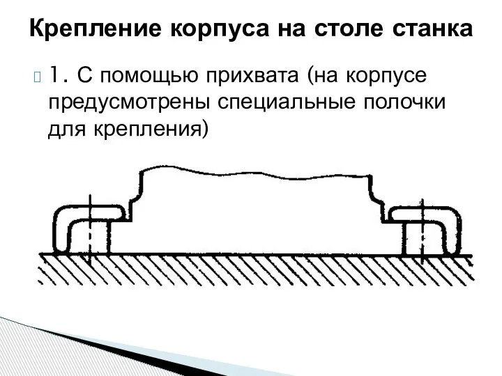 1. С помощью прихвата (на корпусе предусмотрены специальные полочки для крепления) Крепление корпуса на столе станка