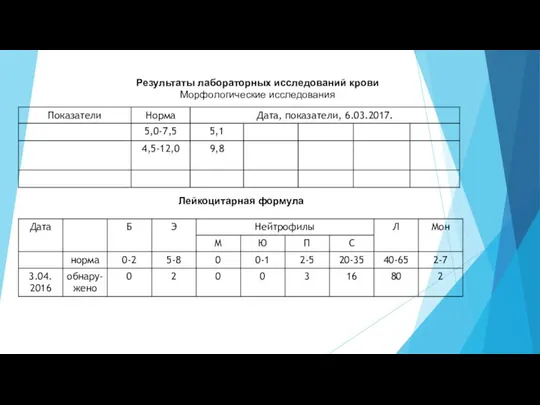 Результаты лабораторных исследований крови Морфологические исследования Лейкоцитарная формула