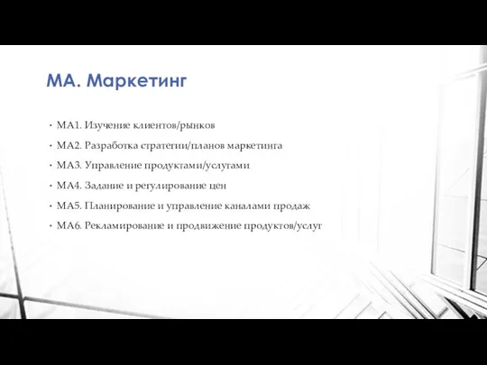 MA. Маркетинг MA1. Изучение клиентов/рынков MA2. Разработка стратегии/планов маркетинга MA3. Управление продуктами/услугами