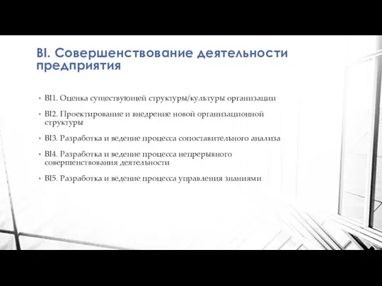 BI. Совершенствование деятельности предприятия BI1. Оценка существующей структуры/культуры организации BI2. Проектирование и