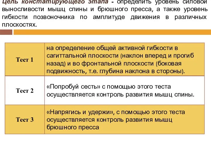 Цель констатирующего этапа - определить уровень силовой выносливости мышц спины и брюшного