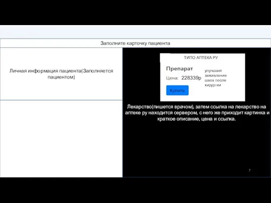Заполните карточку пациента Личная информация пациента(Заполняется пациентом) Лекарство(пишется врачом), затем ссылка на