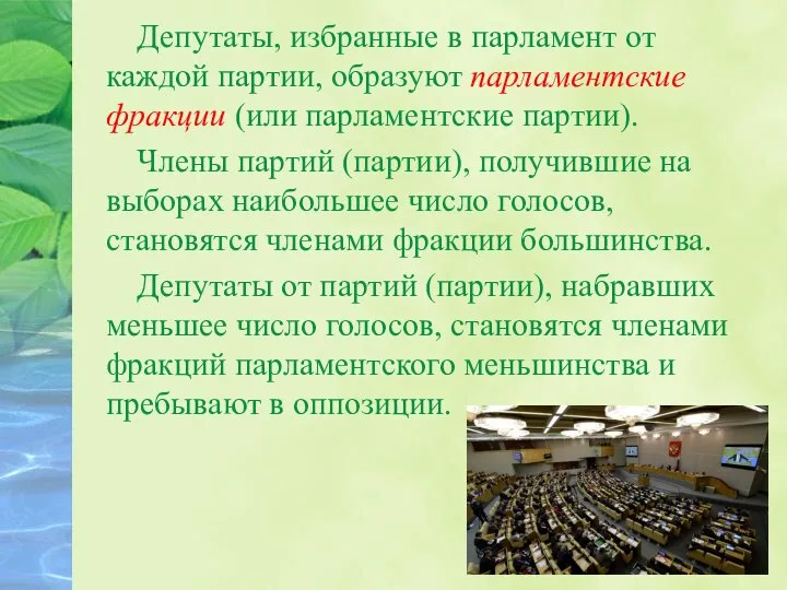 Депутаты, избранные в парламент от каждой партии, образуют парламентские фракции (или парламентские