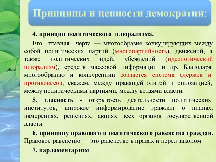 4. принцип политического плюрализма. Его главная черта — многообразие конкурирующих между собой