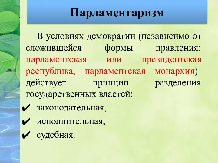 Парламентаризм В условиях демократии (независимо от сложившейся формы правления: парламентская или президентская