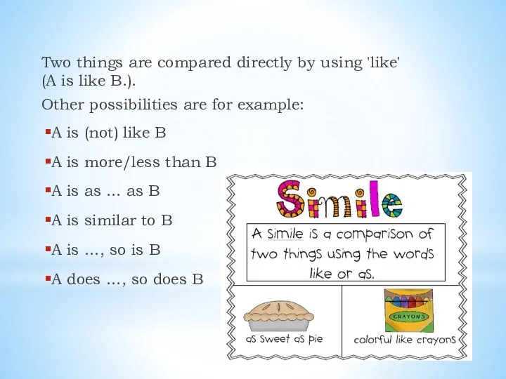 Two things are compared directly by using 'like' (A is like B.).
