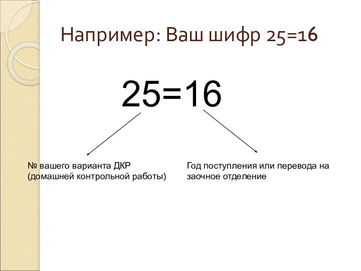 Например: Ваш шифр 25=16 25=16 № вашего варианта ДКР (домашней контрольной работы)