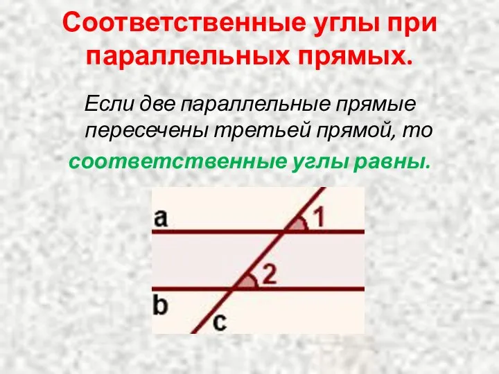 Соответственные углы при параллельных прямых. Если две параллельные прямые пересечены третьей прямой, то соответственные углы равны.