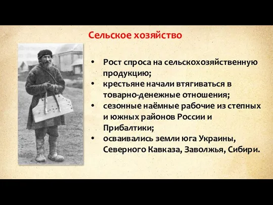 Сельское хозяйство Рост спроса на сельскохозяйственную продукцию; крестьяне начали втягиваться в товарно-денежные