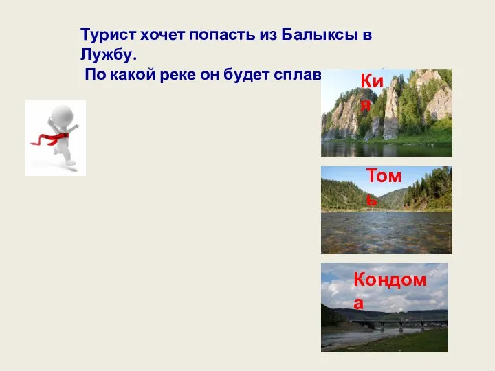 Турист хочет попасть из Балыксы в Лужбу. По какой реке он будет сплавляться? Кия Томь Кондома