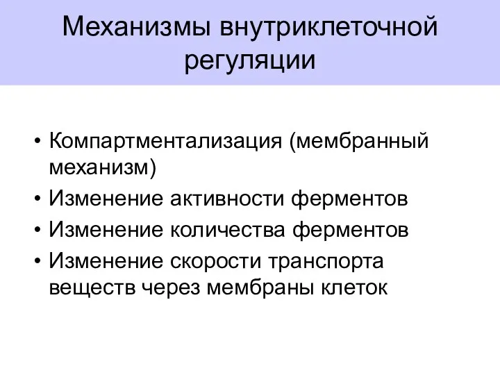 Механизмы внутриклеточной регуляции Компартментализация (мембранный механизм) Изменение активности ферментов Изменение количества ферментов