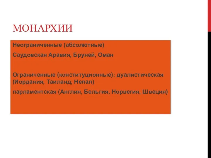 Неограниченные (абсолютные) Саудовская Аравия, Бруней, Оман Ограниченные (конституционные): дуалистическая (Иордания, Таиланд, Непал)