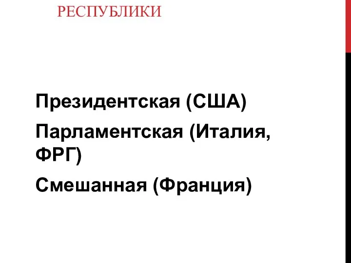 РЕСПУБЛИКИ Президентская (США) Парламентская (Италия, ФРГ) Смешанная (Франция)