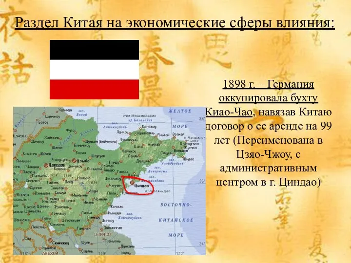 Раздел Китая на экономические сферы влияния: 1898 г. – Германия оккупировала бухту