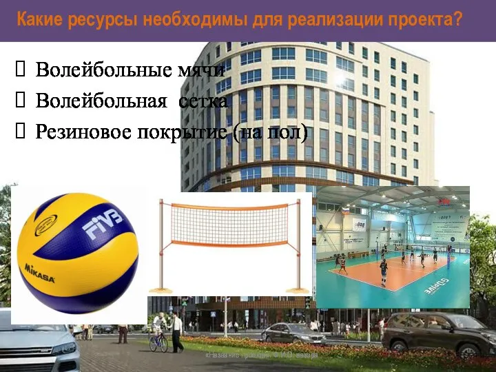 Какие ресурсы необходимы для реализации проекта? Волейбольные мячи Волейбольная сетка Резиновое покрытие