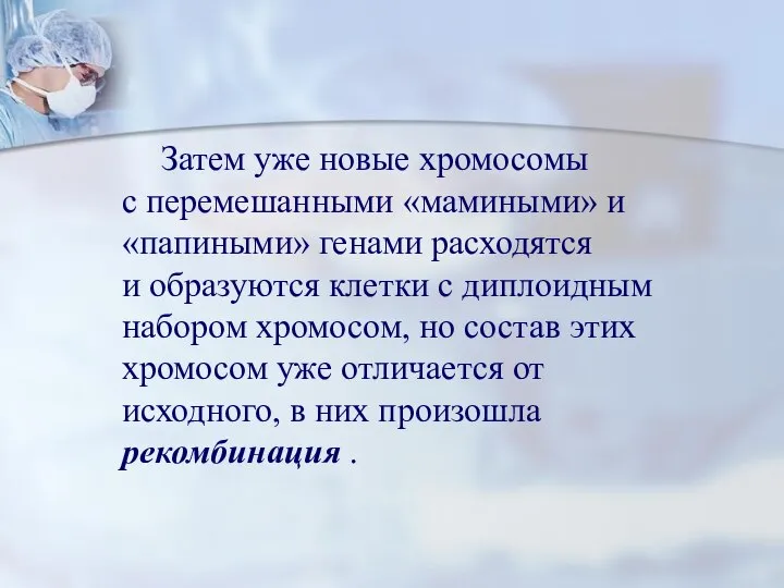 Затем уже новые хромосомы с перемешанными «мамиными» и «папиными» генами расходятся и