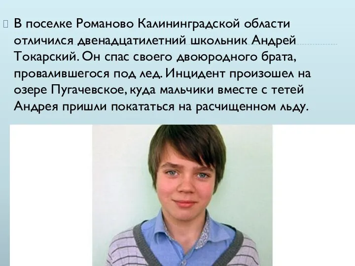 В поселке Романово Калининградской области отличился двенадцатилетний школьник Андрей Токарский. Он спас