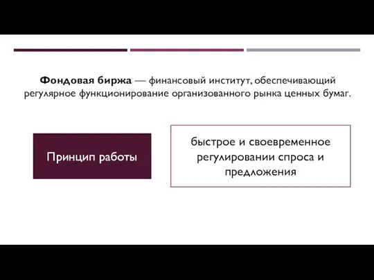 Фондовая биржа — финансовый институт, обеспечивающий регулярное функционирование организованного рынка ценных бумаг.