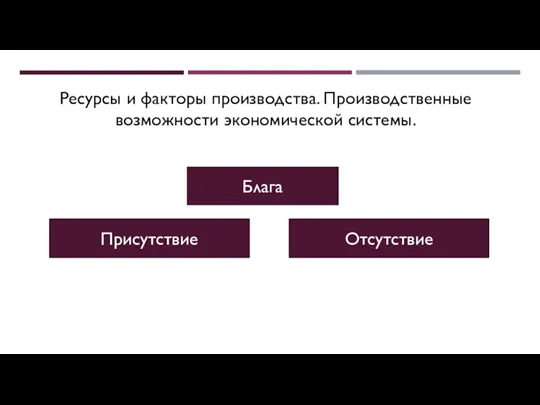 Ресурсы и факторы производства. Производственные возможности экономической системы. Блага Присутствие Отсутствие