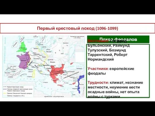 Первый крестовый поход (1096-1099) Поход феодалов Возглавил: Готфрид Бульонский, Раймунд Тулузский, Боэмунд