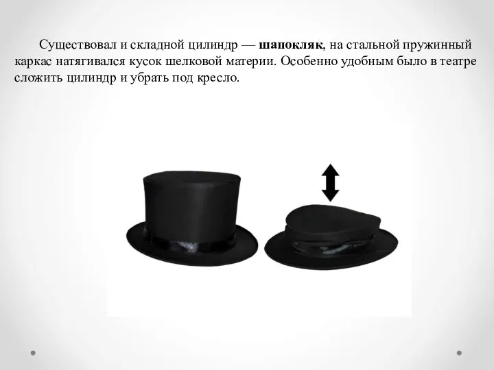 Существовал и складной цилиндр — шапокляк, на стальной пружинный каркас натягивался кусок