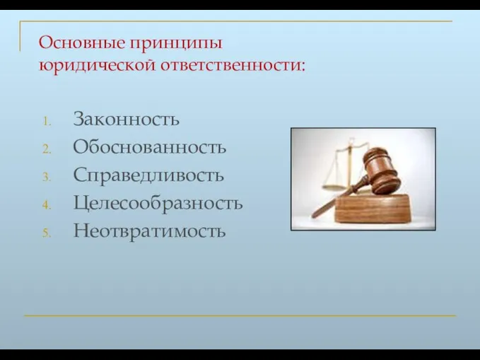 Основные принципы юридической ответственности: Законность Обоснованность Справедливость Целесообразность Неотвратимость