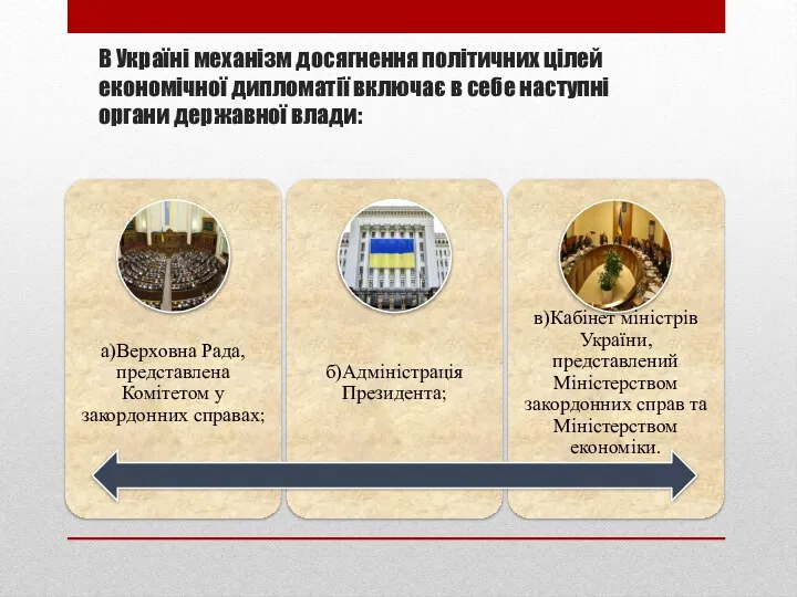 В Україні механізм досягнення політичних цілей економічної дипломатії включає в себе наступні органи державної влади: