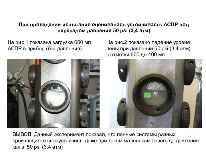 При проведении испытания оценивалась устойчивость АСПР под перепадом давления 50 psi (3,4