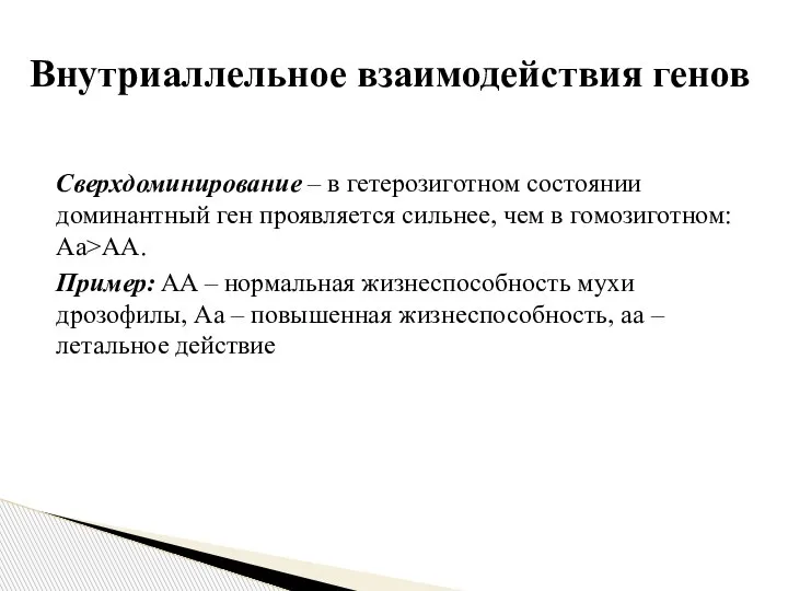 Сверхдоминирование – в гетерозиготном состоянии доминантный ген проявляется сильнее, чем в гомозиготном: