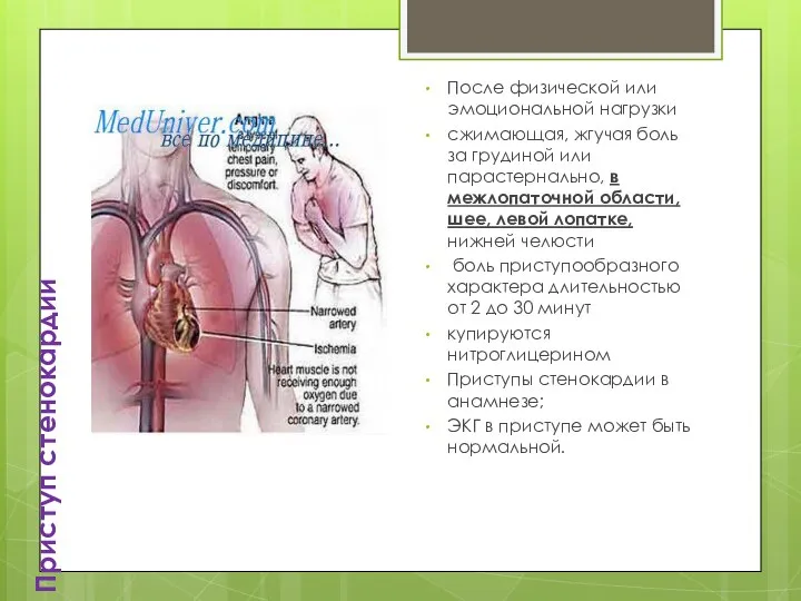 Приступ стенокардии После физической или эмоциональной нагрузки сжимающая, жгучая боль за грудиной