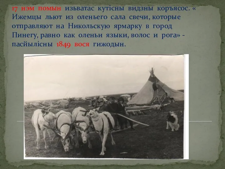 17 нэм помын изьватас кутiсны видзны коръясос. « Ижемцы льют из оленьего