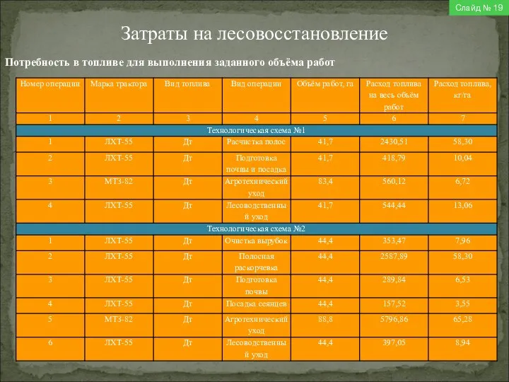 Затраты на лесовосстановление Слайд № 19 Потребность в топливе для выполнения заданного объёма работ