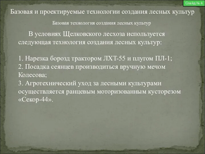 Базовая и проектируемые технологии создания лесных культур Слайд № 4 В условиях