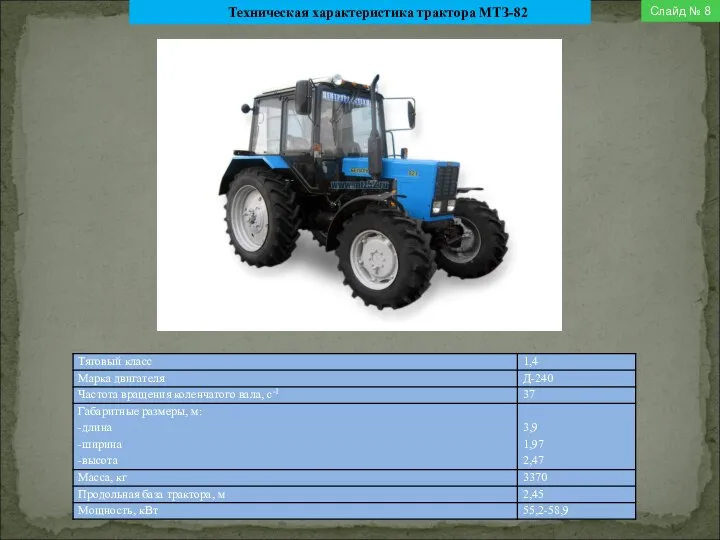Техническая характеристика трактора МТЗ-82 Слайд № 8