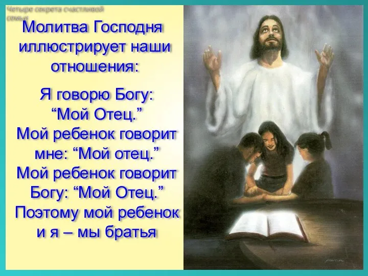 Молитва Господня иллюстрирует наши отношения: Я говорю Богу: “Мой Отец.” Мой ребенок