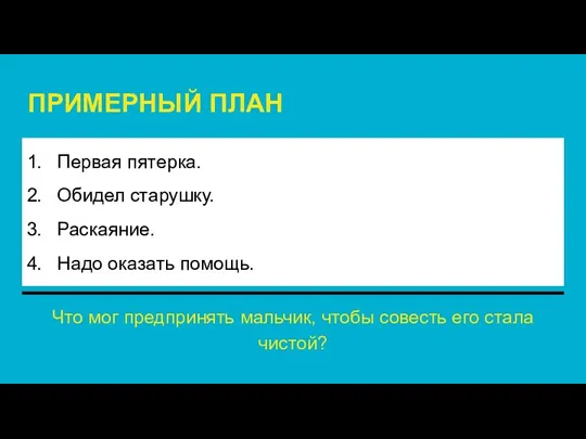 Первая пятерка. Обидел старушку. Раскаяние. Надо оказать помощь. ПРИМЕРНЫЙ ПЛАН Что мог