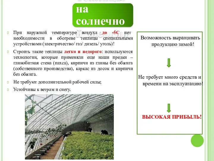 Теплицы на солнечной энергии Возможность выращивать продукцию зимой! Не требует много средств