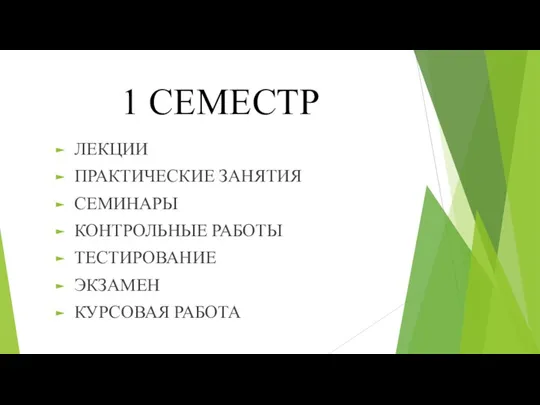 1 СЕМЕСТР ЛЕКЦИИ ПРАКТИЧЕСКИЕ ЗАНЯТИЯ СЕМИНАРЫ КОНТРОЛЬНЫЕ РАБОТЫ ТЕСТИРОВАНИЕ ЭКЗАМЕН КУРСОВАЯ РАБОТА