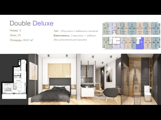 Double Deluxe Номер: 5 Этаж: 20 Площадь: 39.61 м² Тип: «Под ключ»