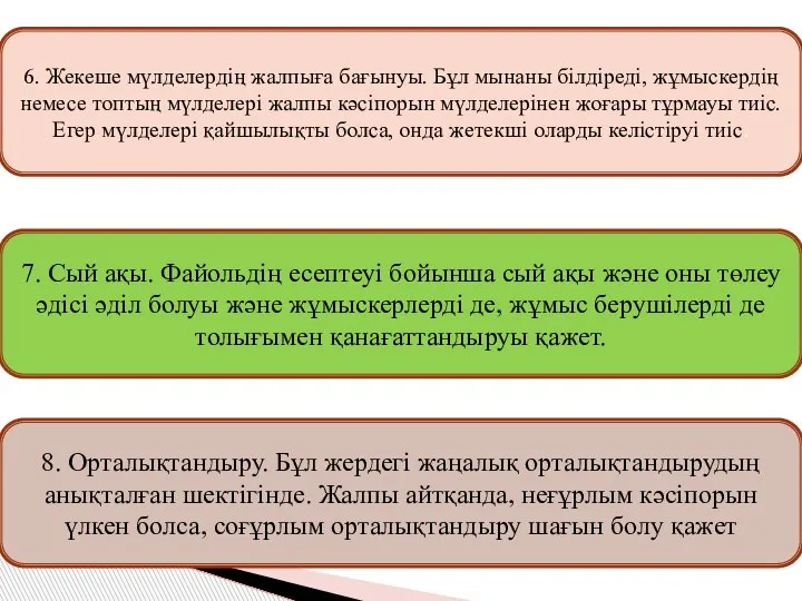 6. Жекеше мүлделердің жалпыға бағынуы. Бұл мынаны білдіреді, жұмыскердің немесе топтың мүлделері