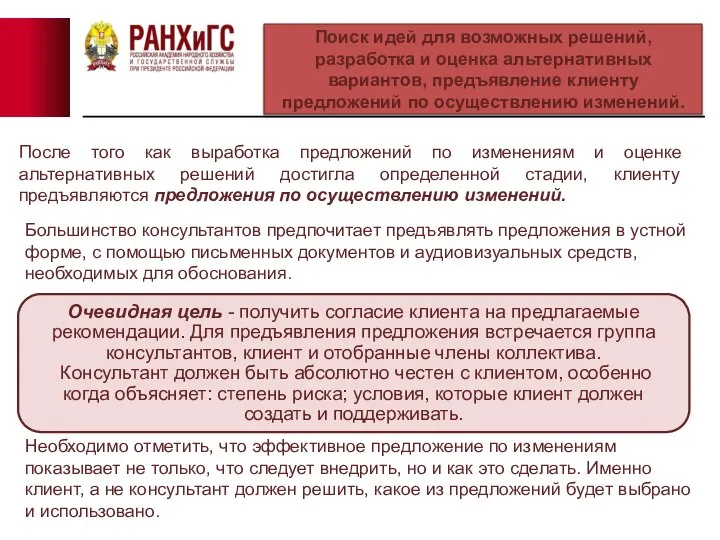 Поиск идей для возможных решений, разработка и оценка альтернативных вариантов, предъявление клиенту