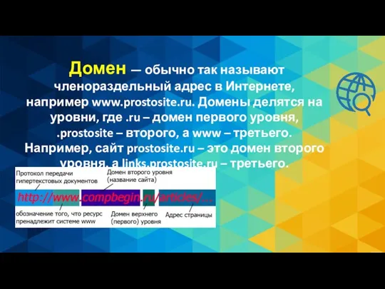 Домен — обычно так называют членораздельный адрес в Интернете, например www.prostosite.ru. Домены