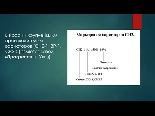 В России крупнейшим производителем варисторов (СН2-1, BP-1, СН2-2) является завод «Прогресс» (г. Ухта).