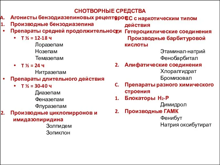 СНОТВОРНЫЕ СРЕДСТВА Агонисты бензодиазепиновых рецепторов Производные бензодиазепина Препараты средней продолжительности T ½