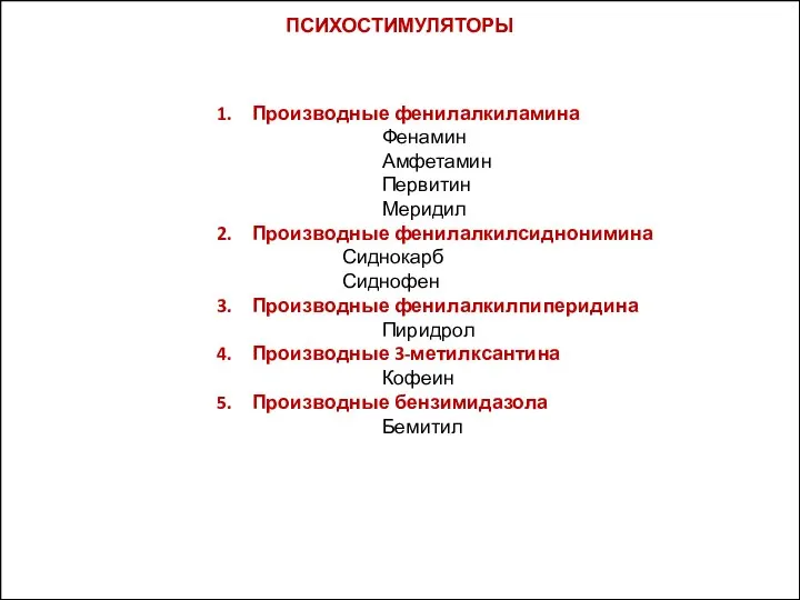 ПСИХОСТИМУЛЯТОРЫ Производные фенилалкиламина Фенамин Амфетамин Первитин Меридил Производные фенилалкилсиднонимина Сиднокарб Сиднофен Производные