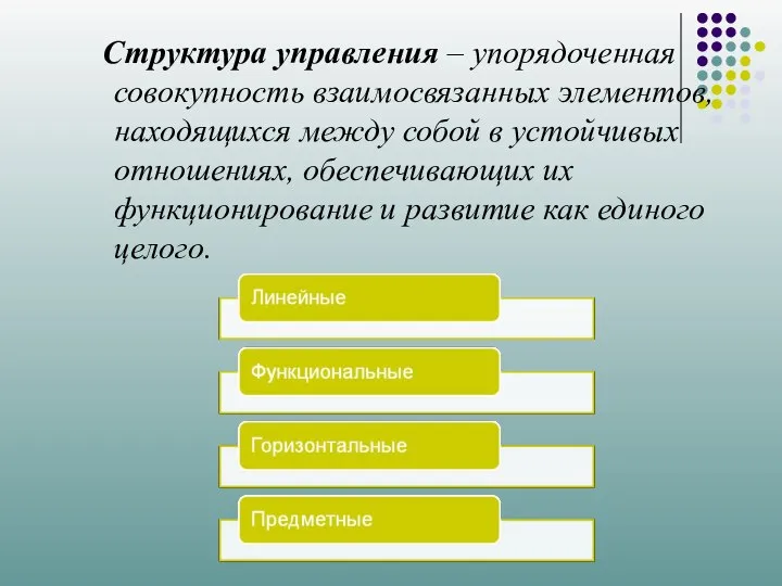 Структура управления – упорядоченная совокупность взаимосвязанных элементов, находящихся между собой в устойчивых