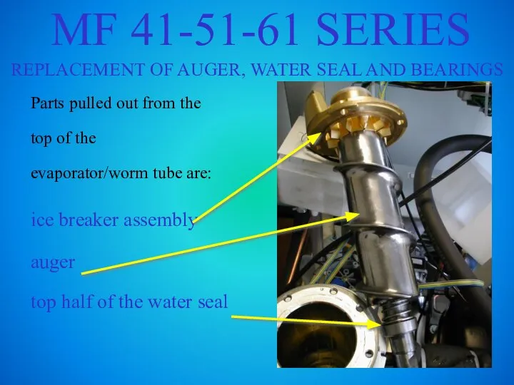 MF 41-51-61 SERIES REPLACEMENT OF AUGER, WATER SEAL AND BEARINGS Parts pulled