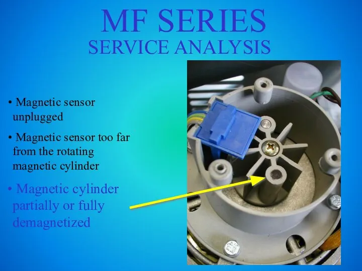 MF SERIES SERVICE ANALYSIS Magnetic sensor unplugged Magnetic sensor too far from